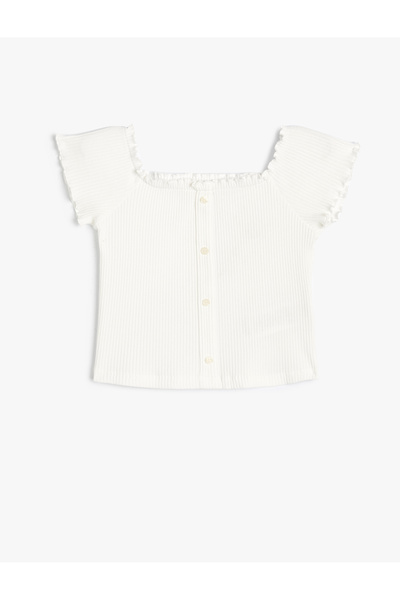 Koton T-Shirt Ribbed Square Neck Button Detailed Cotton