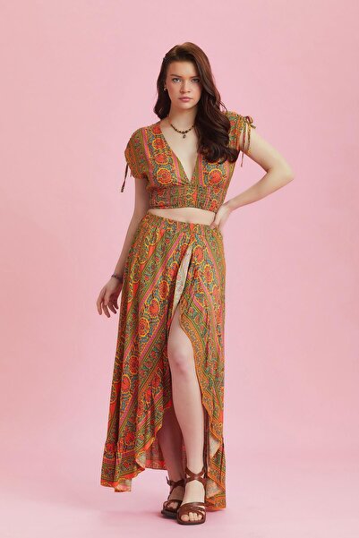 Los banditos Довга циганна спідниця з глибоким розрізом спереду та воланами