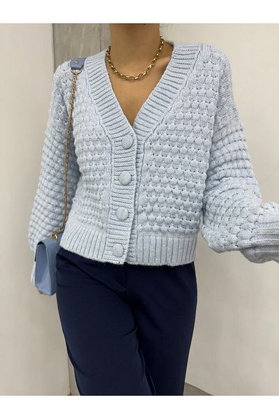 Modamorfo Blue Embossed Knitwear Cardigan - Buttoned