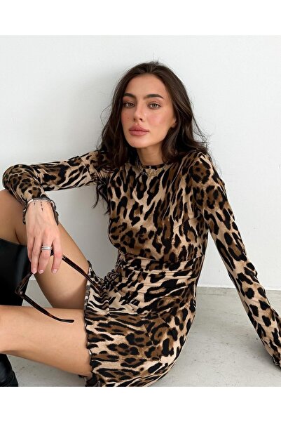 Viyamo Yeni Sezon Kadın Uzun Kollu Leopar Desenli Mini Elbise
