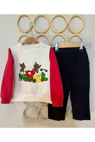 Bulut Baby Merry Christmas Printed Long Sleeve 2Ip Licra Bottom Top Unisex Kids Sweatshirt Set
