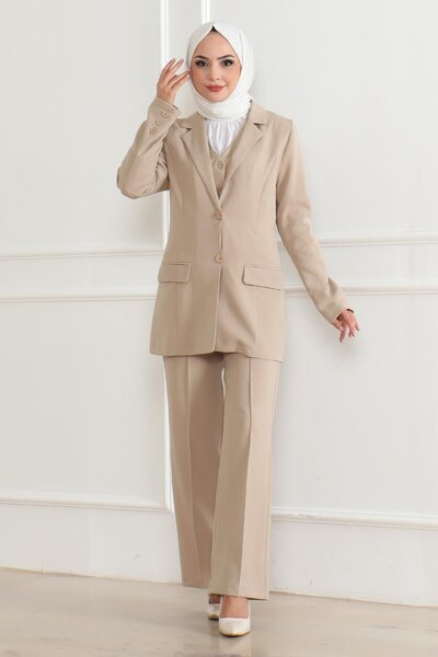 Modamihram Beige Vest Triple Suit - 19222