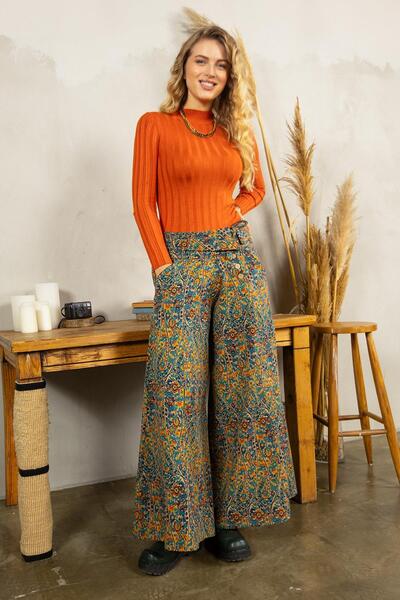 Los banditos Pera Desen Düşük Bel Düğmeli Bol Paça Pantolon