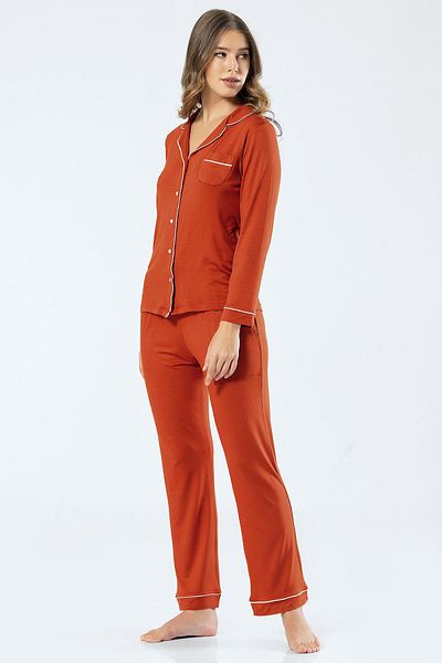 TÜREN 3359 Tile Women's Straight Long Sleeve Shirt Collar Pajamas Set