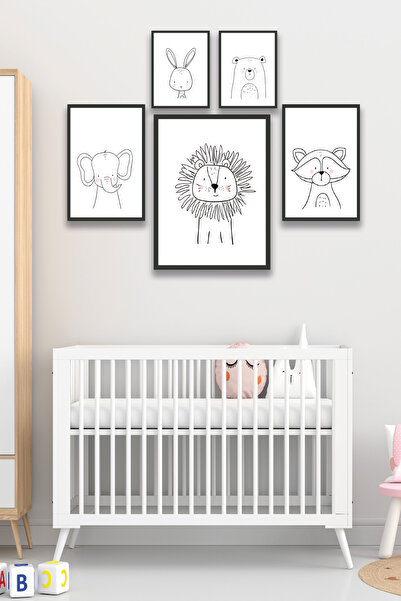 no77decor Set od 5 komada linearnih slika u crnom okviru sa temom slona za de...
