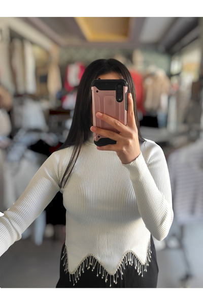 Sublime Butik Kadın Beli Damla Zincir Detaylı Uzun Kol Crop Bluz