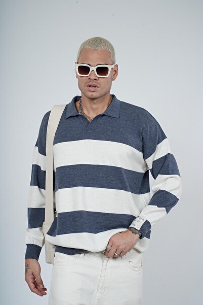 Butik Polo Neck Striped Men's Oversize Fit Sweater