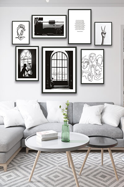 no77decor Set de tablouri cu aspect de cadru negru tematic alb-negru, 7 piese