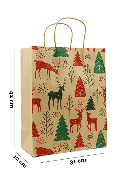 repro design 31x42 Yılbaşı Temalı Kraft Kağıt Poşet 2 Adet ( Çam Agacı ve Geyik Desenli )