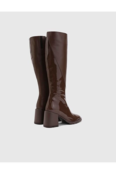 İLVİ Dirc Hakiki Rugan Deri Kadın Koyu Vizon Topuklu Çizme