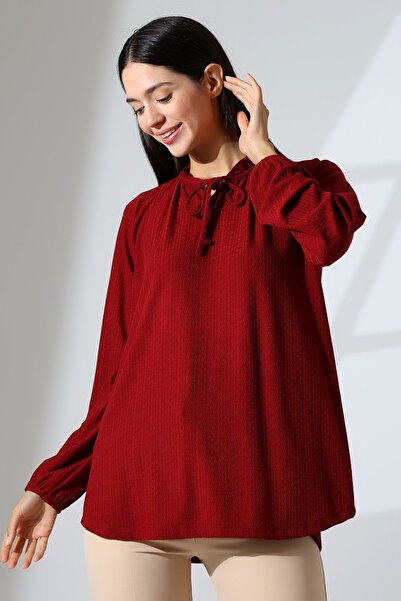 Şiir Elista Γυναικεία μπλούζα με κορδόνια με βολάν και κορδόνια με μακρυμάνικο χτενισμένο βαμβακερό ζακάρ - Βουργουνδία