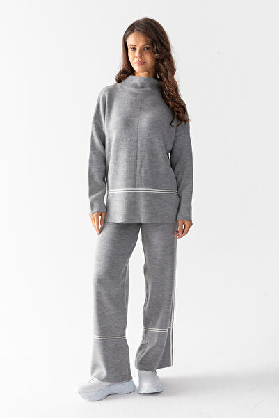 TUBA SÖZEN BUTİK Çizgi Detaylı Geniş Paçalı Kadın Triko Takım - Standart Beden