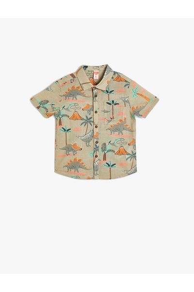 Koton Shirt Short Sleeve Dinosaur Patterned Pocket Cotton
