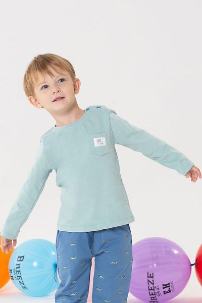 Breeze Baby Boy Long Sleeve T-Shirt Cool Text Embroidered Pocket 9 Months-3 Years, Water Green