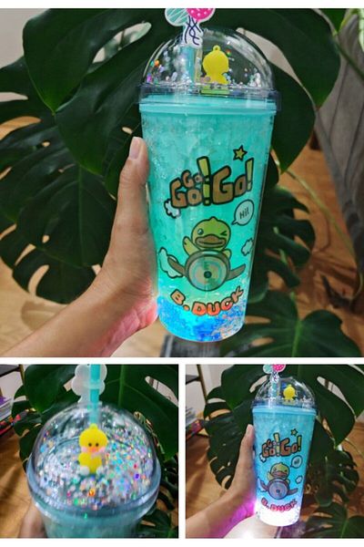 Lexi Bella Chick Themed Water Bottle Frosted Glass Appearance Led Light 450 ml Double Layer Mica 2098 Blue
