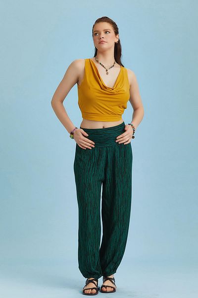 Los banditos Green Patterned Loose Baggy Trousers with Elastic Waist