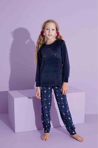 Tarık Mother Girl Women's French Velvet Long Sleeve Crew Neck Heart Printed Navy Blue Pajamas Set