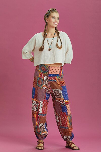 Los banditos Pantaloni largi Shalwar cu model albastru cu talie elastică