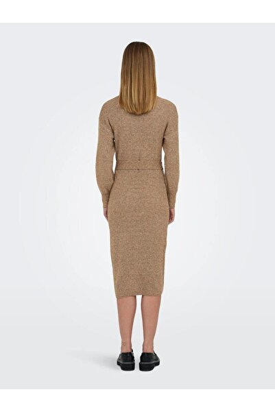 ONLY ONLTHILDE LIFE LS DRESS KNT Yarım Balıkçı Yaka Kuşaklı Midi Triko Elbise