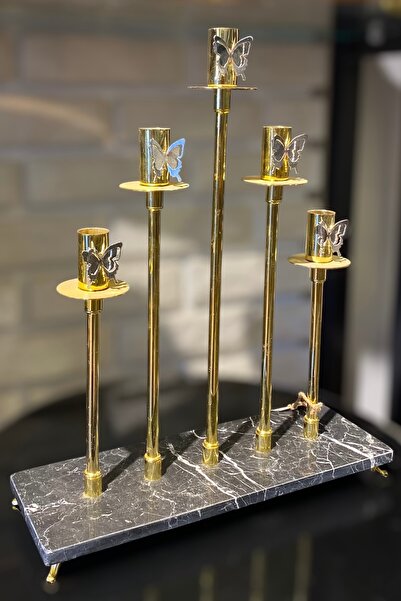 LEMİ DEKORASYON 5 Kollu Mermer Altlıklı Kelebek Şamdan