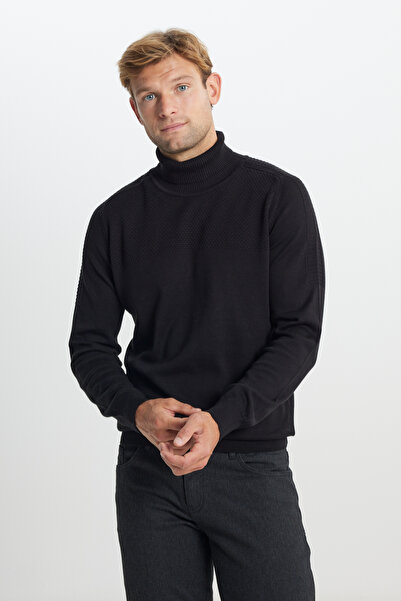 ALTINYILDIZ CLASSICS Men's Black Cotton Standard Fit Regular Fit Full Turtleneck Jacquard Knitwear Sweater