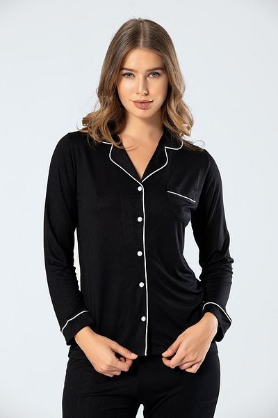 TÜREN 3359 Women's Long Sleeve Shirt Collar Pajamas Set-Black