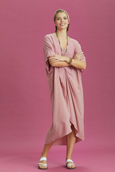 Los banditos V-Neck Front Knotted Pink Bat Sleeve Dress