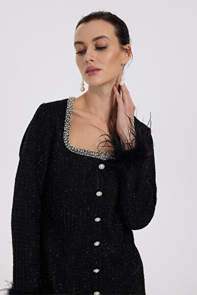 Ekol Kolu Tüylü Kare Yaka Elbise