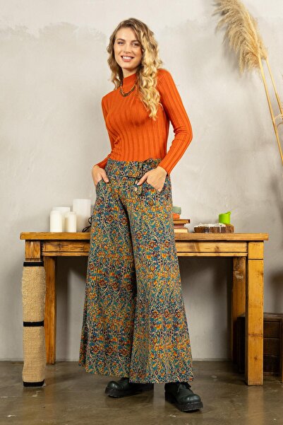 Los banditos Pera Desen Düşük Bel Düğmeli Bol Paça Pantolon