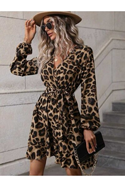 Kokosh moda Kadın Leopar Desenli Mini Elbise