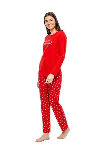 Mod Collection 3968 Kadın Kırmızı Yuvarlak Yaka Uzun Kollu Pijama Takımı -kırmızı