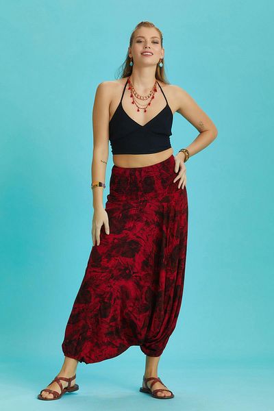 Los banditos Gipe Waist Detailed Bohemian Red Patterned Baggy Trousers