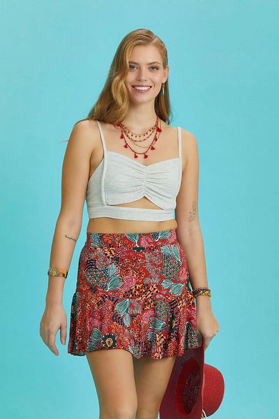 Los banditos Red Floral Flounce Mini Shorts Skirt