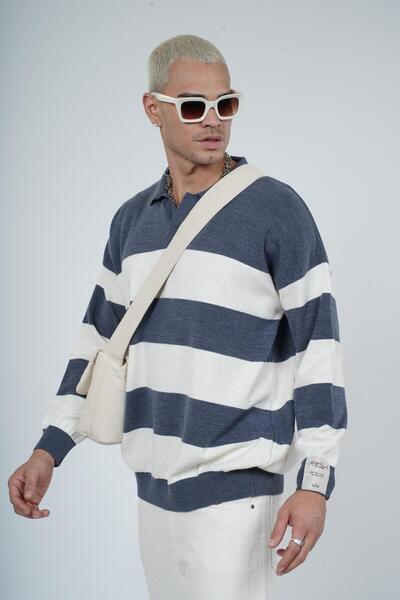 Butik Polo Neck Striped Men's Oversize Fit Sweater