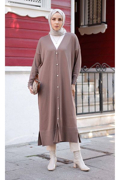 Pamuk Butik Γυναικεία Πλεκτά Ολόσωμη Ζακέτα Mercerized με λεπτομέρεια με κουμπιά Sütlükkahve