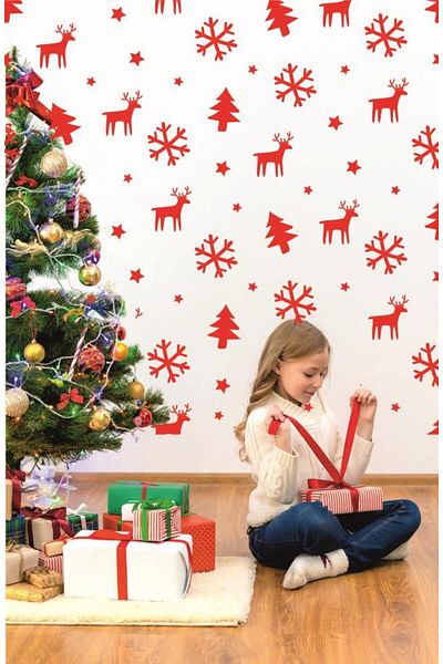 Lizpo Decor New Year Christmas Themed Window Glass Sticker Decoration 136 Pieces Red
