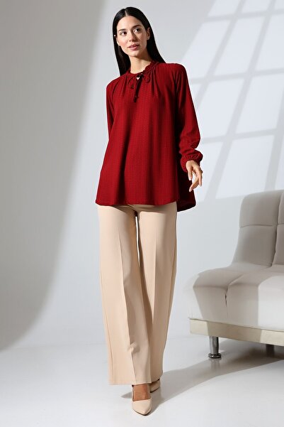 Şiir Elista Γυναικεία μπλούζα με κορδόνια με βολάν και κορδόνια με μακρυμάνικο χτενισμένο βαμβακερό ζακάρ - Βουργουνδία