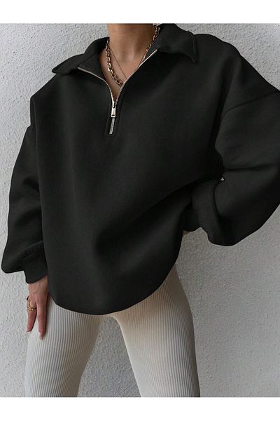 Know Women's 3 Thread Black Zippered Polo Neck Oversize Sweatshirt