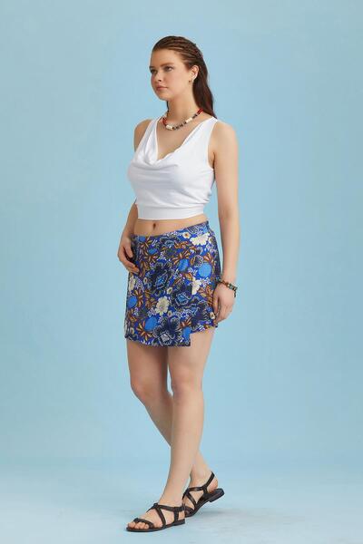 Los banditos Blue Patterned Short Skirt with Double Breasted Front Detail