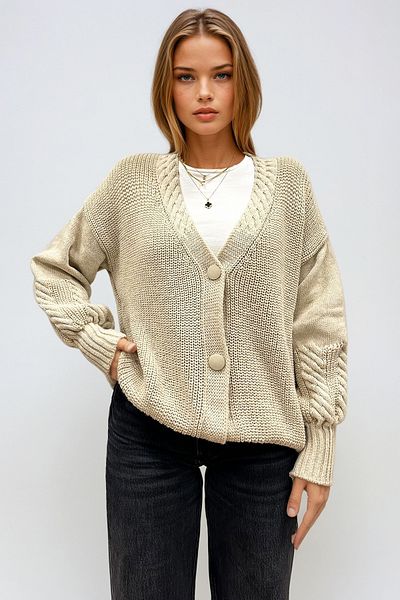 VAGGON Women's Ecru Wide Cuffed Curl Braided Deep V Neck Knitwear Cardigan Prm1285