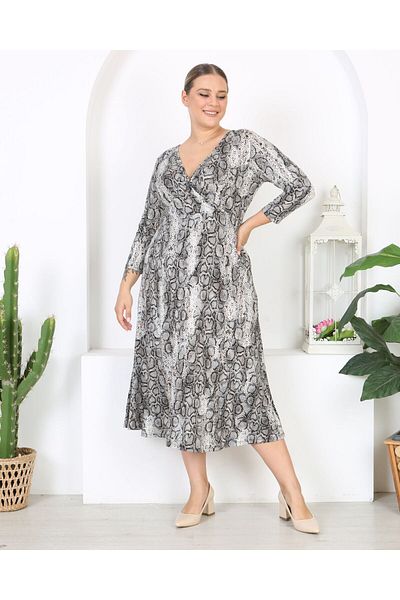 Butik Nilyam Women's Plus Size Long Sleeve Double Breasted Lapel Stretchy Maxi Length Dress 24670