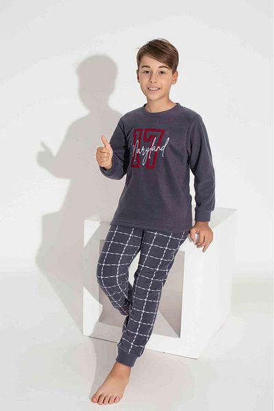Tarık Ανδρικό σετ πιτζάμες Dad Son Fleece με μακρύ μανίκι 17 κεντημένο γκρι ανθρακί