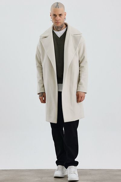 MADZEYMODA Palton pentru bărbați, cu potrivire confortabilă, cu guler dublu, culoare oase, cu ștampilă Premium Mz56123