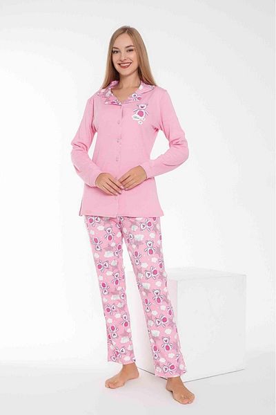 Tarık Mother and Daughter 100% Cotton - Pink Teddy Bear Patterned Long Sleeve Pajamas Set with Shirt Collar and Oversize Buttons