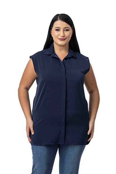 DISENTIS MODEST Plus Size Hidden Button Side Slit Sleeveless Navy Blue Shirt