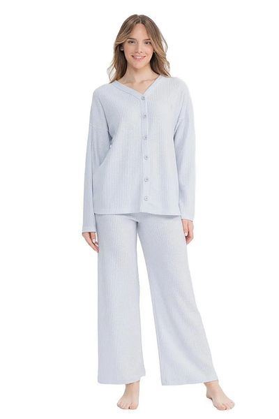 U.S. Polo Assn. US Polo Assn. 17097 Costum de pijama cu mânecă lungă din țesătură din lână perforată pentru femei, cu nasturi în față-Grimela