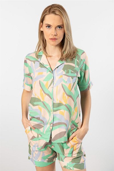 TÜREN Türen 3605 Green Women's Shirt and Shorts Pajama Set - Short Sleeve