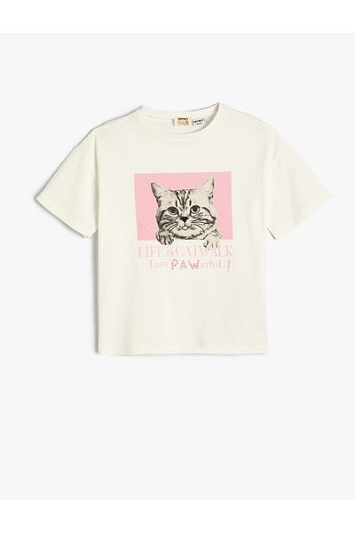 Koton Cat Printed Cotton Short Sleeve T-Shirt - Crew Neck