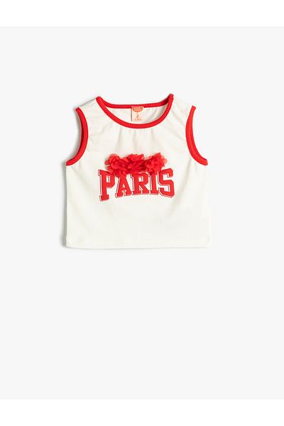 Koton Kurzes Tanktop aus Baumwolle mit Blumenmuster und Paris-Print – Rundhalsausschnitt