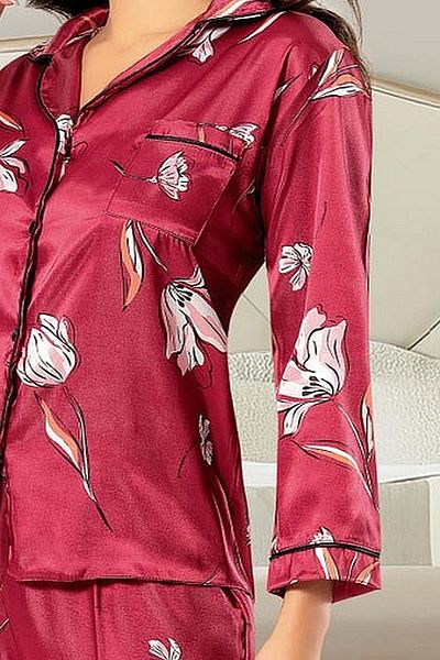 Xses 2000 Women's Long Sleeve Satin Printed Pajama Set-burgundy